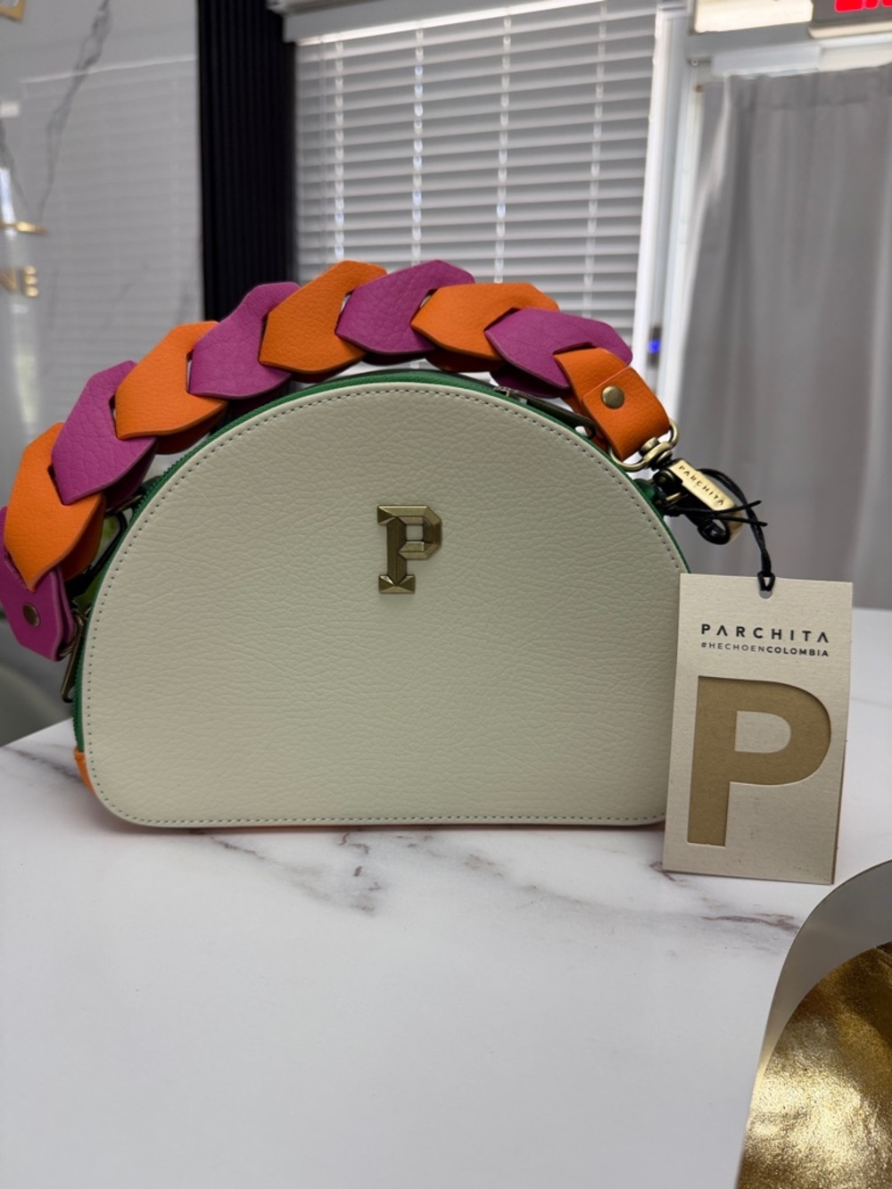 PARCHITA Bag Cream Dome Crossbody with Colorblock Braided Strap